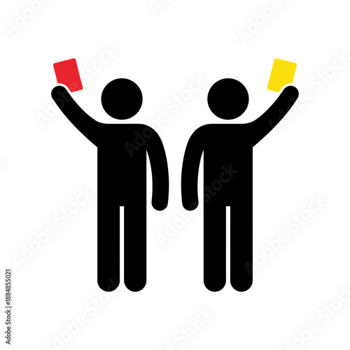 Two figures raise cards, symbolizing rules and decisions