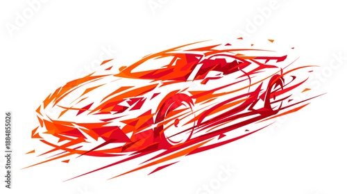 An artistic red sports car image moving at speed. It is dynamic and modern illustration