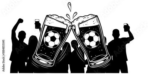 Clinking Beer Glasses with Soccer Pattern for Pub and Fan Celebration Vector