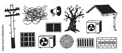 Collection of hand-drawn urban elements including a utility pole, air conditioner, tree, and megaphone, presented as a set of simple black and white graphic icons