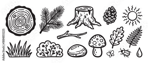 Set of hand-drawn forest nature elements including a tree stump, wood slice, mushroom, pinecone, leaf, and insect in a simple black and white doodle vector illustration style