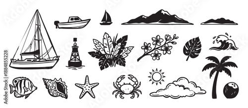 Set of hand-drawn tropical beach icons including a sailboat, palm tree, crab, and starfish in a black and white doodle style for summer vacation and travel concepts
