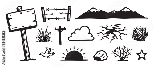 Collection of hand drawn black icons featuring a signpost, mountain, barbed wire, and other rustic outdoor elements in a simple doodle illustration style
