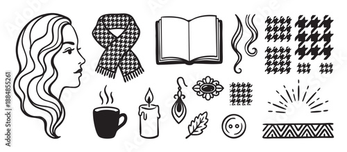 Set of hand-drawn black line art icons for a cozy autumn theme, featuring a woman's profile, houndstooth scarf, open book, steaming mug, candle, and jewelry