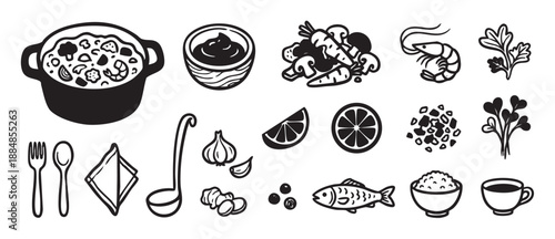 Collection of black and white food icons featuring a pot of stew, shrimp, fish, vegetables, rice, and cooking utensils in a hand-drawn doodle style for culinary design