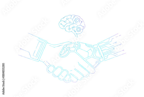 A robotic hand shaking a human hand with a brain above them