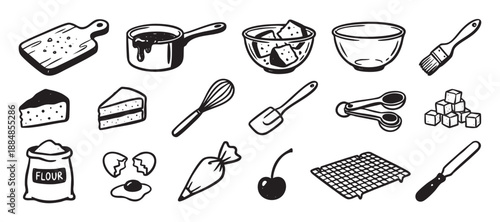 Set of hand-drawn baking icons featuring kitchen utensils, ingredients, and desserts in a charming black and white doodle style for culinary and food-related design projects