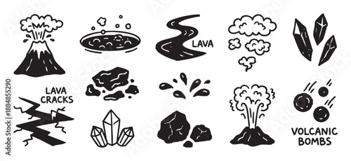 Hand-drawn black volcano and lava icons set showing eruption, magma flow, rocks, crystals, and smoke in a simple doodle sketch style for geology or nature themes
