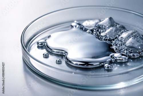 Mercury Experiment: A close-up shot of mercury in a petri dish, showcasing its unique reflective surface, smooth, shiny liquid form in the laboratory environment.