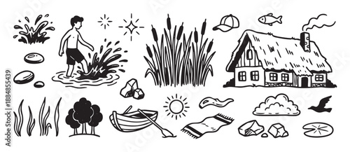 Hand-drawn doodle set of countryside summer elements including a rustic cottage, a person wading in water, a wooden boat, reeds, and other nature icons in a simple line art style