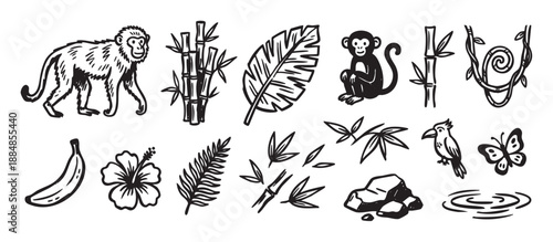 Set of hand-drawn jungle icons including a monkey, bamboo, and tropical leaves in a rough, sketchy black and white style for nature and wildlife themes