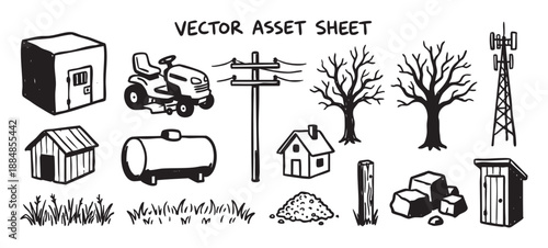 Hand-drawn vector asset sheet of rural objects including a lawnmower, shed, utility pole, bare tree, and house in a sketchy black and white doodle illustration style