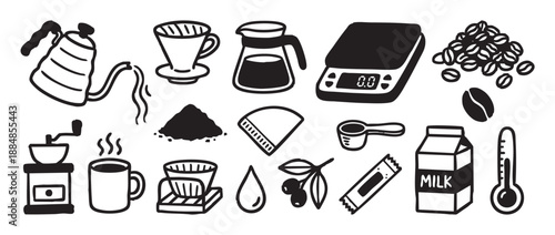 Collection of black and white coffee brewing icons showing a kettle, grinder, scale, beans, and pour-over equipment in a simple hand-drawn doodle illustration style