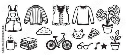 Collection of hand-drawn doodle illustrations showing various lifestyle and hobby items like clothing, a bicycle, books, plants, and a cute cat face in a simple black line art style