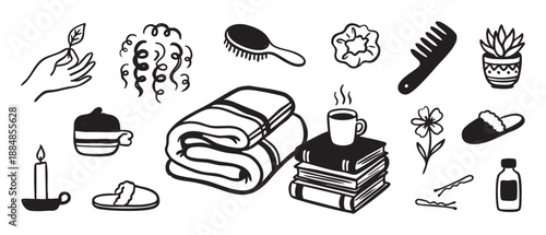 Set of hand-drawn doodle icons representing self-care, wellness, and cozy home life with a towel, candle, and book in a simple black and white minimalist line art style
