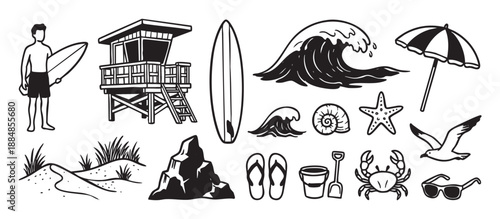 Collection of hand-drawn beach vacation icons in a simple black and white line art style, featuring a surfer, lifeguard tower, surfboard, ocean wave, crab, and umbrella