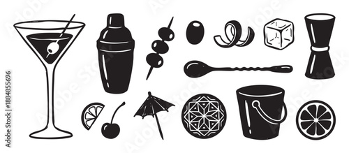 Collection of black hand-drawn cocktail icons including a shaker, martini glass, jigger, ice cube, and citrus garnish in a vintage block print illustration style for mixology concepts