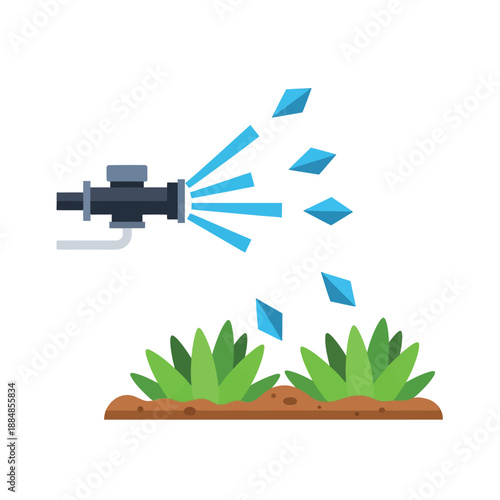Irrigation Sprinkler System Watering Plants Icon - Flat Design Vector Illustration for Gardening and Agriculture