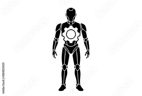 A black and white vector graphic of a robotic human figure with a gear on its chest
