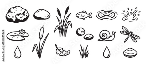 Collection of hand-drawn pond life icons featuring a fish, dragonfly, snail, cattails, and water lily in a simple black and white doodle illustration style