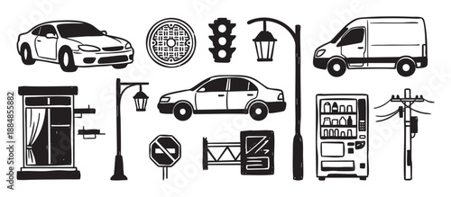 Hand drawn black and white urban street elements set with cars, a van, traffic light, vending machine, and lamppost in a bold graphic linocut illustration style