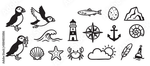 Collection of hand-drawn nautical icons featuring puffins, a lighthouse, anchor, compass, and various sea life elements in a simple black and white graphic style