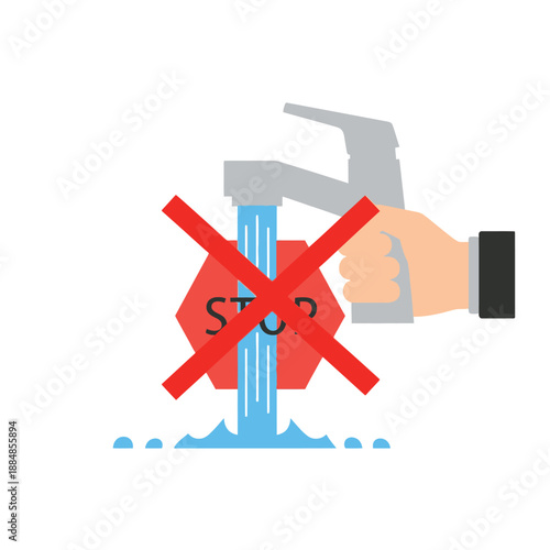 Water Conservation Concept: Stop Wasting Water Icon Showing Hand, Running Faucet, and Red Prohibition Sign (Stop water waste symbol)