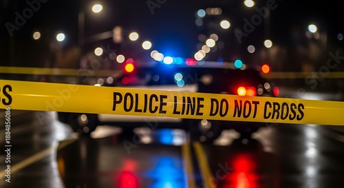 Yellow police caution tape 'Police Line Do Not Cross' prominently displayed across a blurred night street, indicating an active incident or crime scene with emergency vehicle lights
