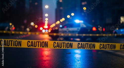 Nighttime urban street sealed off with yellow CAUTION tape, illuminated by the flashing red and blue lights of police vehicles, signifying an active emergency or crime scene investigation