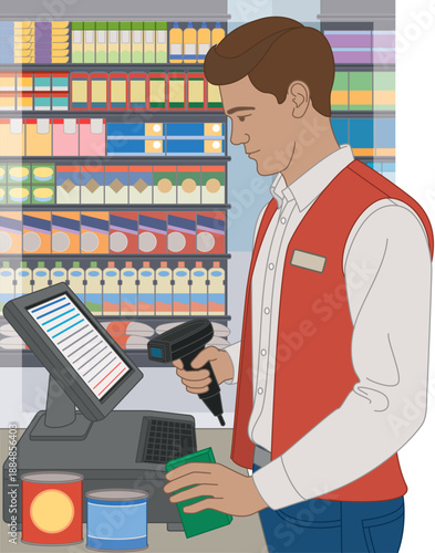 people food, male grocery cashier scanning food items with grocery shelves filled with packaged food items in the background