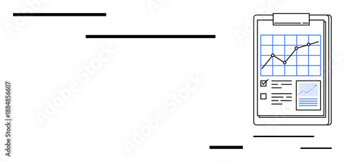 Business, data analysis, growth tracking, statistics, reporting, finance. Clipboard displaying line graph, checkboxes and chart. Business and data analysis concepts