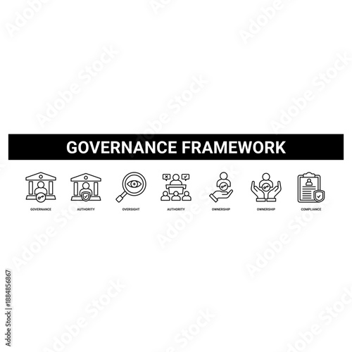Governance Framework web banner icon set collection solid style.