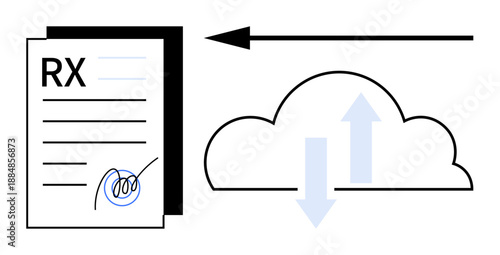 Prescription transfer. Digital prescription displayed with cloud communication and signed document. Prescription secure sharing, online healthcare data, and record management. For healthcare, cloud