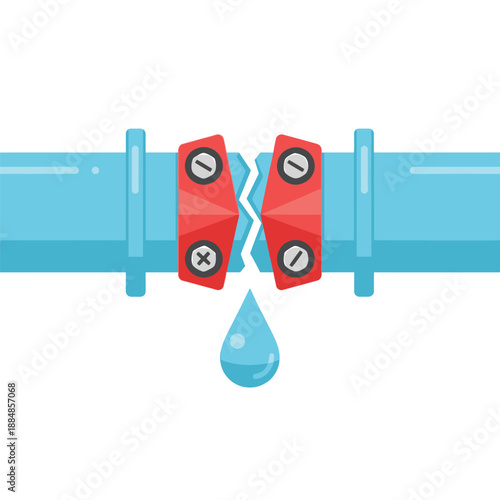 Broken Water Pipe Leaking Drop Icon. Plumbing Repair Failure and Damage Concept. Flat Vector Illustration of Burst Utility Line on White Background.