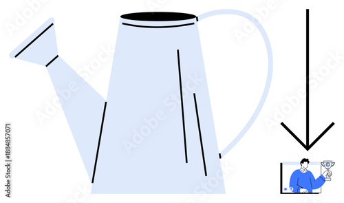 Metal watering can with downward arrow symbol, suggesting watering metaphor. Small digital screen showing person holding a trophy. Ideal for growth, achievement, motivation, progress, goal setting