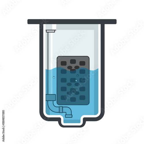 Aquarium or Water Filter System Diagram. Simple vector icon illustrating internal filtration components, filter media, plumbing, and water circulation.