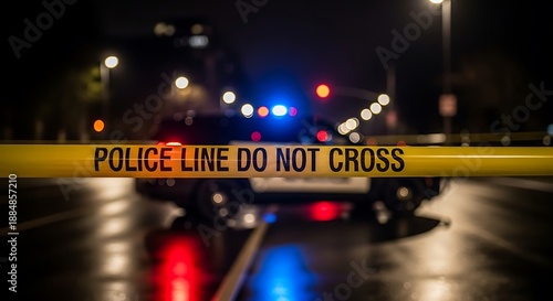 Police investigation at night with crime scene tape and flashing lights on a dark road
