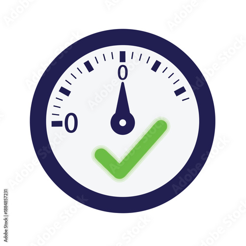 Success Meter: 3D Gauge Dial with Green Check Mark Icon, Symbolizing Speed, Optimization, Approval, and Quick Completion