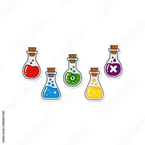 Colorful Potion Bottles with Corks and Various Liquids.