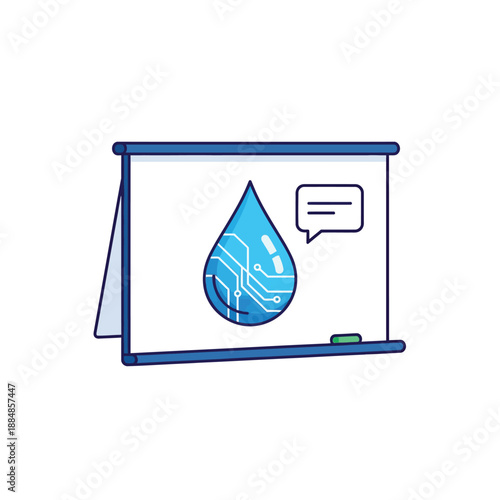 Digital Water Drop Icon with Circuit Board on Flipchart. Presentation of Smart Fluid Management and Cooling Technology Illustration.