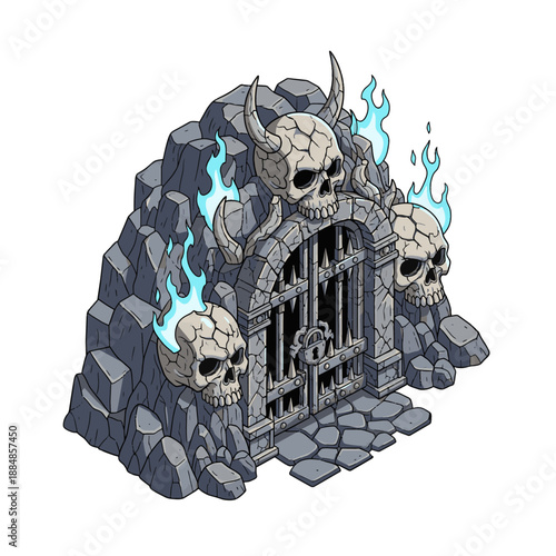 Isometric Fantasy Dungeon Gate with Skulls and Blue Flames.