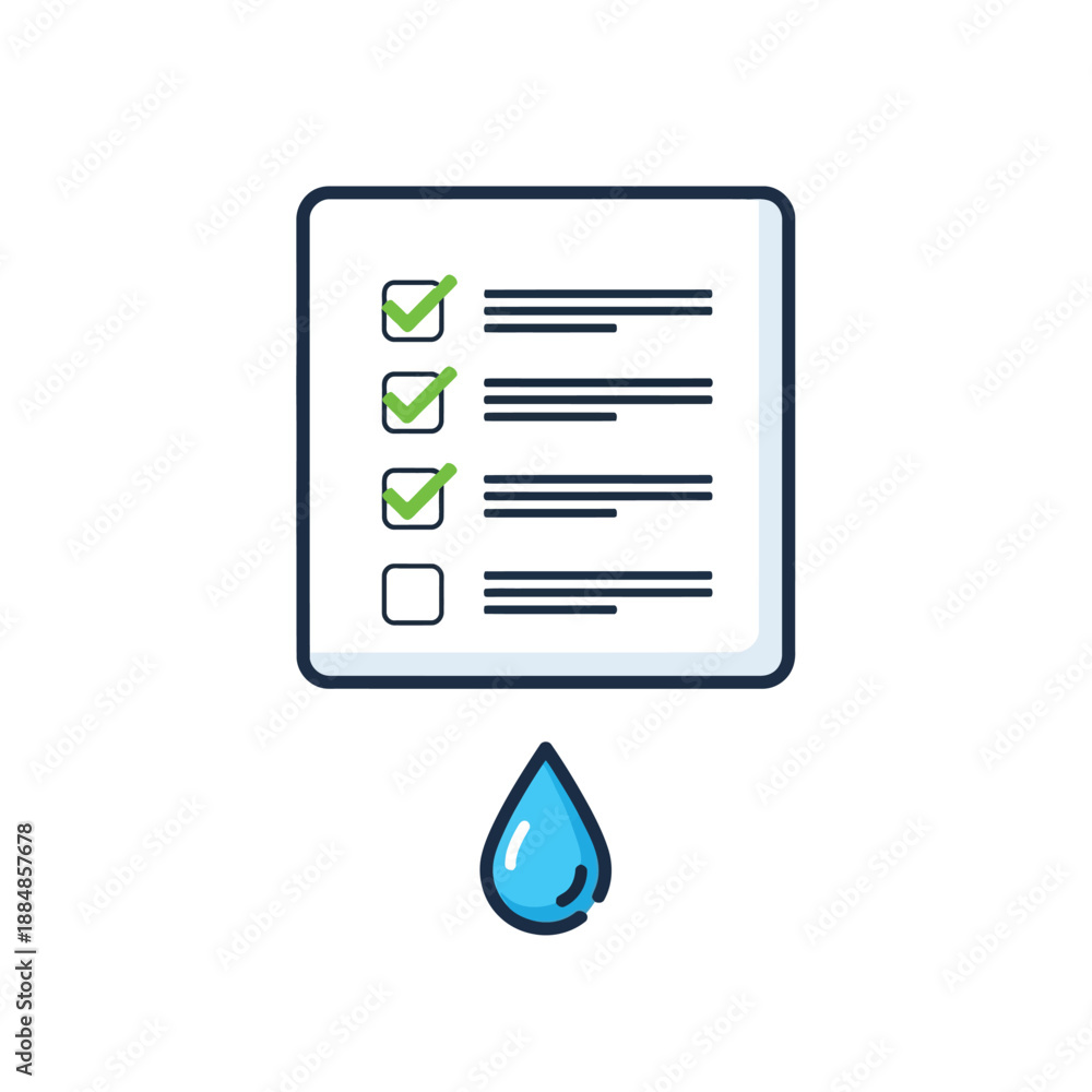 Fototapeta premium Task Checklist with Water Drop Icon. Completed Quality Control List, Water Conservation, Sustainability Standards, or Plumbing Service Symbol.