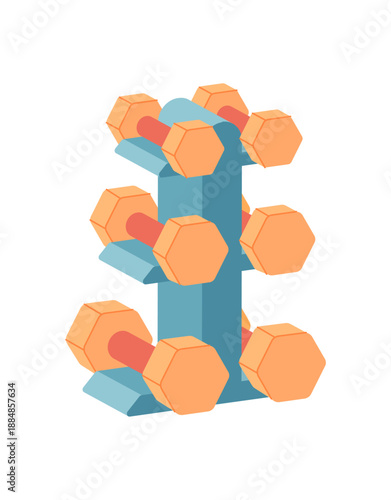 Minimal style dumbbell rack with weights for gym and fitness. Weightlifting equipment designed for sport and training exercises. Essential tool strength workout routines.