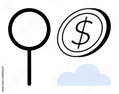 Business analysis, financial search, investment strategies, data mining, forecasting, digital economy. Magnifying glass, dollar coin and cloud . Finance and financial search concepts