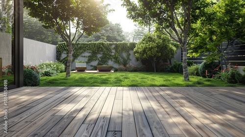 A photo of a serene backyard with a wooden