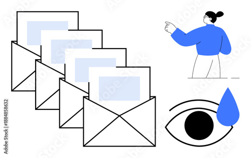 Information management, emotional response, communication, correspondence, multitasking, overload. Image shows envelopes, an eye with a tear and a person pointing. Emotional response