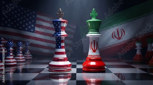 Chess pieces representing the United States and Iran stand opposed on a chessboard, with flags in the background, symbolizing geopolitical tension and strategic rivalry