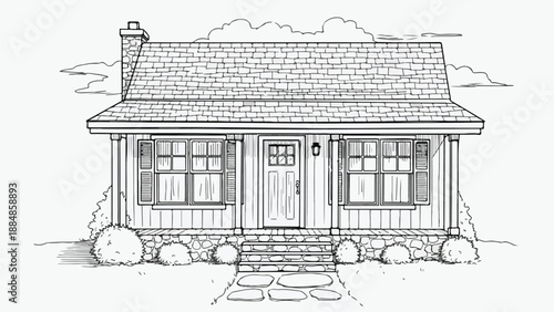 Classic suburban house with wooden porch sketch