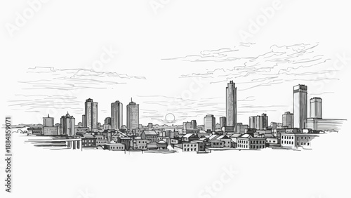 Distant view of modern metropolis skyline sketch