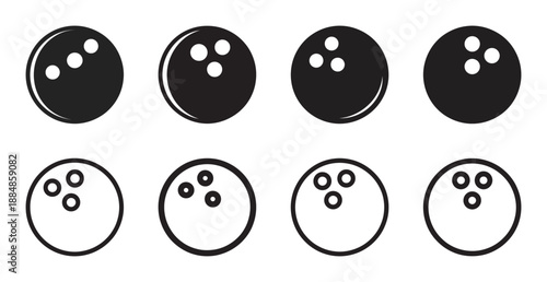 Black and white bowling ball icon set in solid fill and outline styles, vector illustration